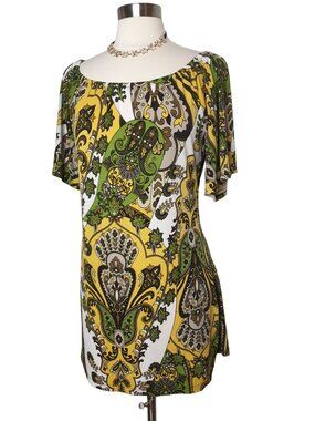 Cato Womens S Mini Dress Y2K Yellow Green Boho Paisley Stretch Grunge Hipster